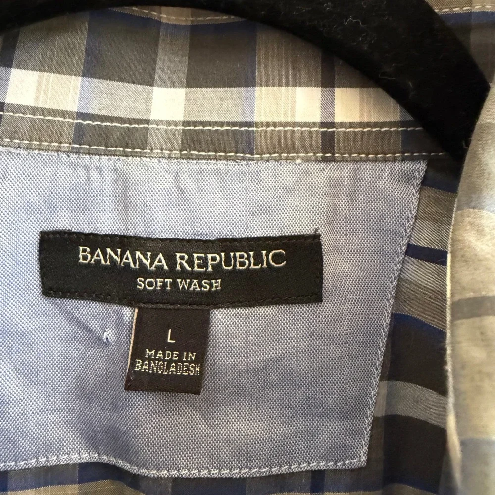 Banana Republic Soft Wash Mens Large Blue Grey‎ Plaid Button Down Shirt L Cotton